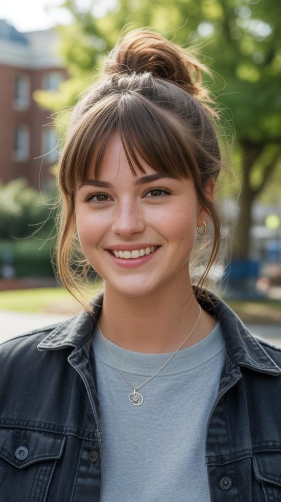 Uneven Bangs with Messy Bun