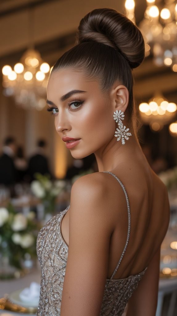 Sleek High Bun with Statement Earrings
