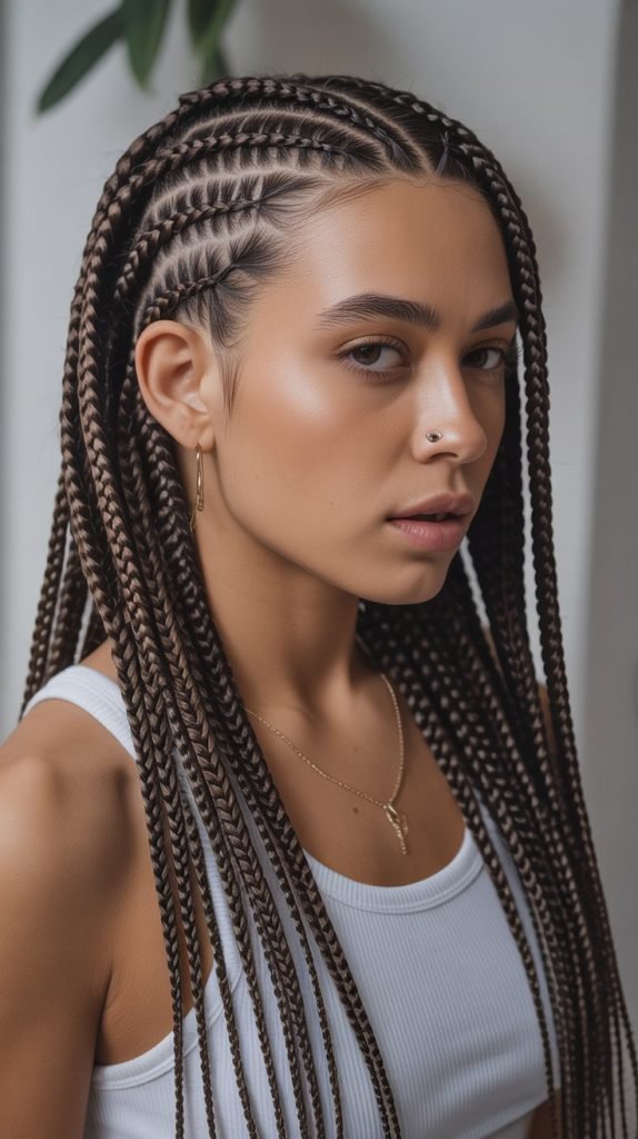  Side Part Medium Braids with Fishtail Integration