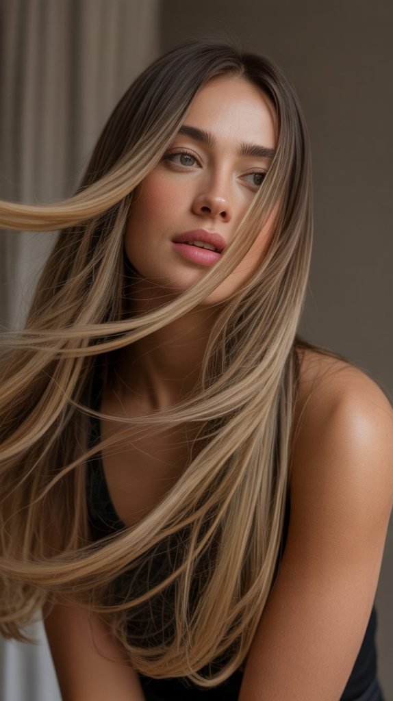 Long Layered Cascade with Face-Framing Highlights