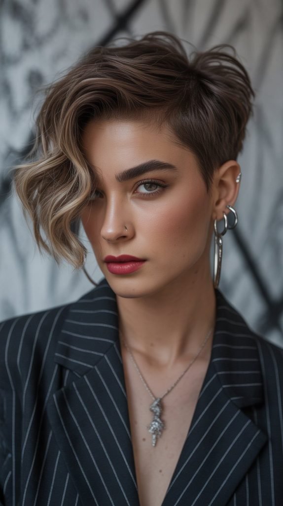 Asymmetrical Side Bangs with Wavy Pixie