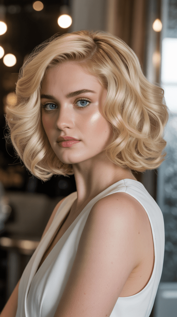 Champagne Blonde Curly French Bob