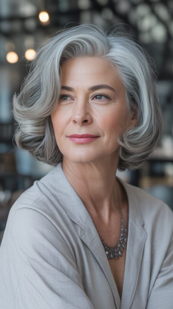 Rounded Grey Bob with Volume