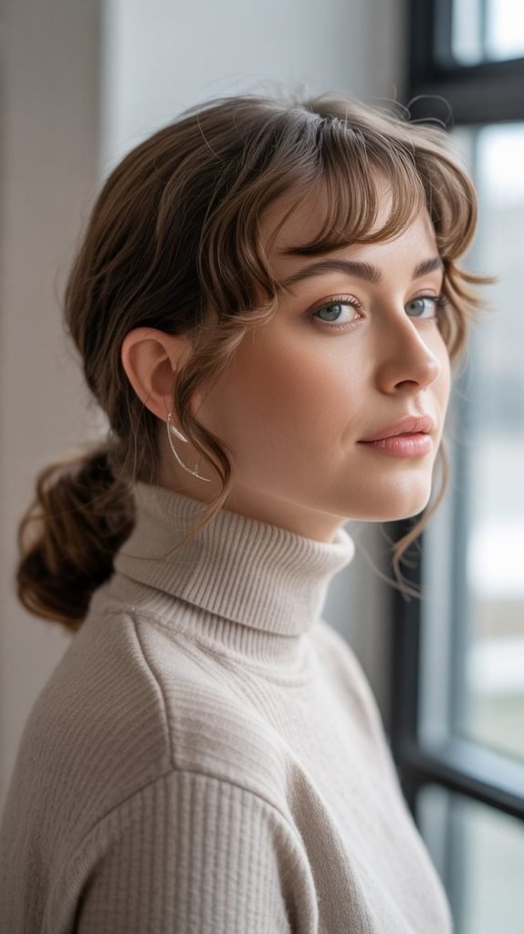 Side-Swept Curly Bangs with Low Ponytail