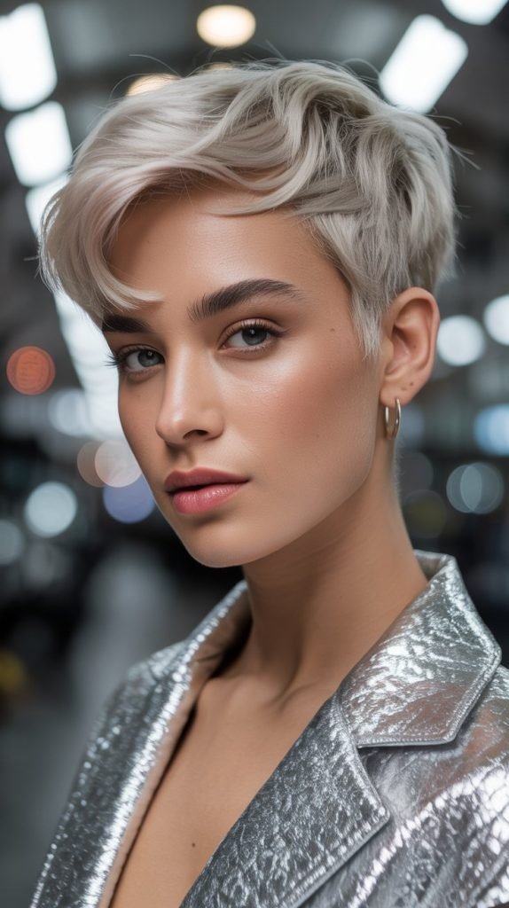 Cool Blonde Wavy Pixie with Silver Undertones
