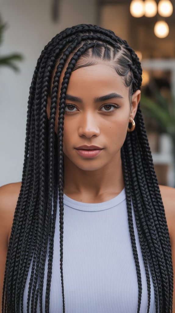 Asymmetrical Side Part Jumbo Knotless Braids with Layered Lengths