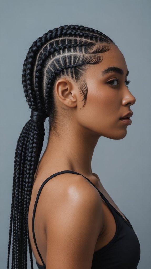 Asymmetrical Side Part Knotless Braids Ponytail
