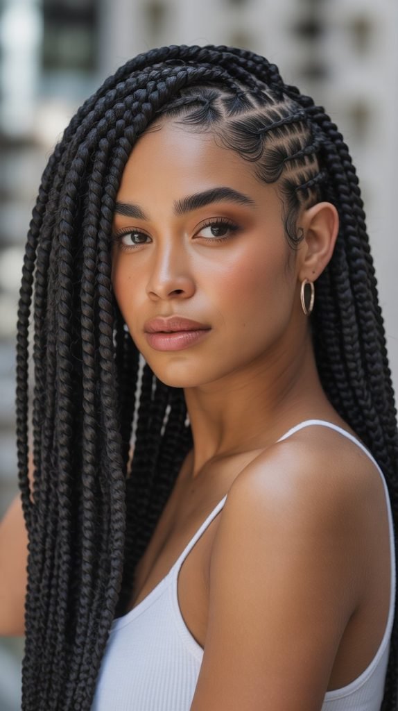 Asymmetrical Side Part Knotless Braids with Kinky Curls