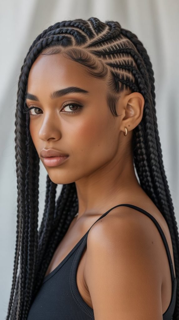 Asymmetrical Boho Side Part Braids with Edge Details