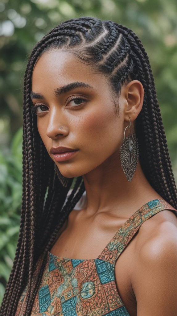 Boho Side Part Braids with Geometric Patterns