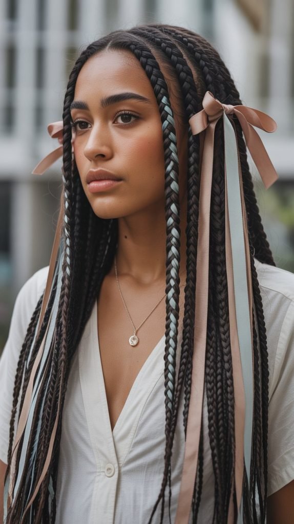  Boho Side Part Braids with Ribbon Weave Details