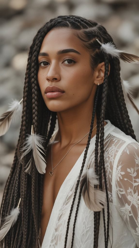Boho Side Part Braids with Feathered Details