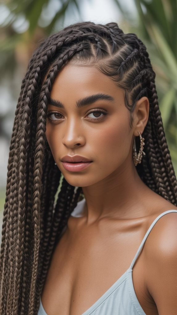 Chunky Boho Side Part Braids with Wispy Texture
