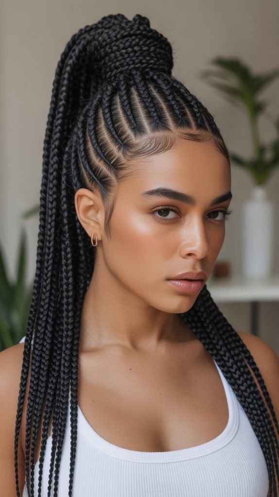 Classic High Side Part Knotless Braids Ponytail