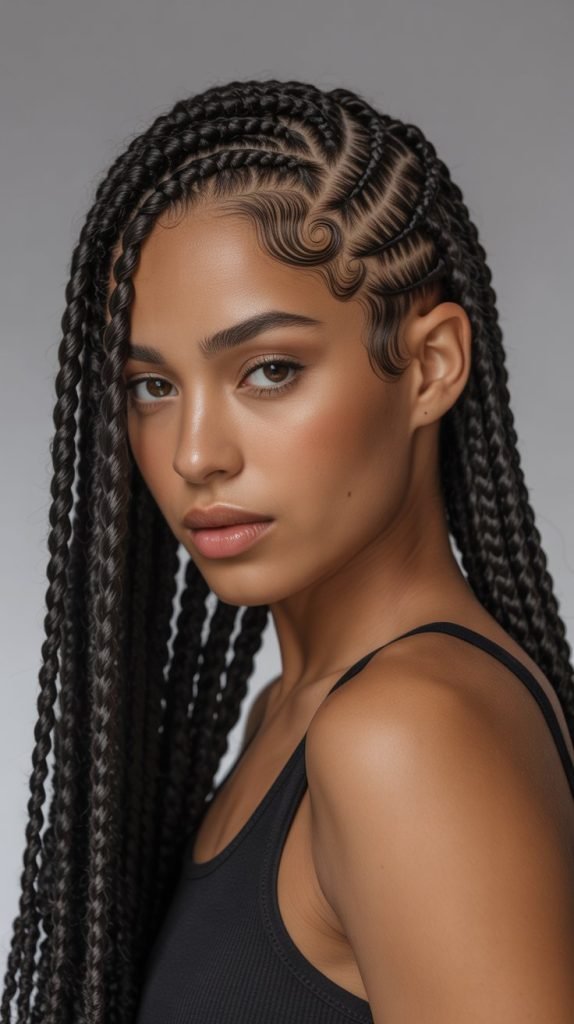  Deep Side Part Knotless Braids with Spiral Curls