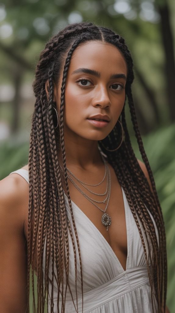  Long Boho Side Part Braids with Flowing Movement