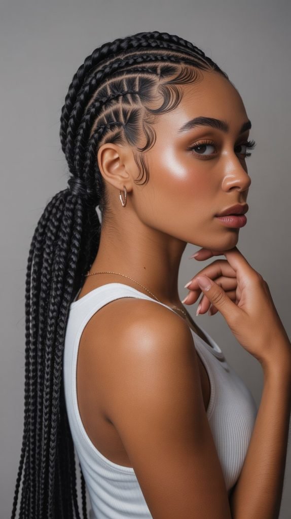  Low Side Part Knotless Braids Ponytail with Flowing Movement