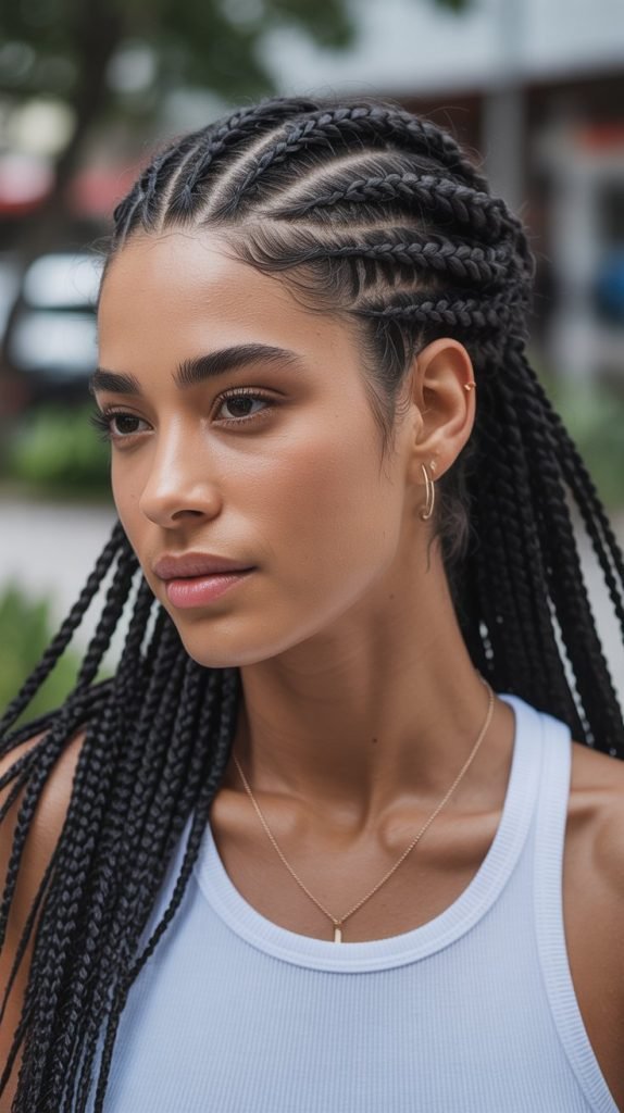 Messy Side Part Knotless Braids Ponytail with Casual Texture