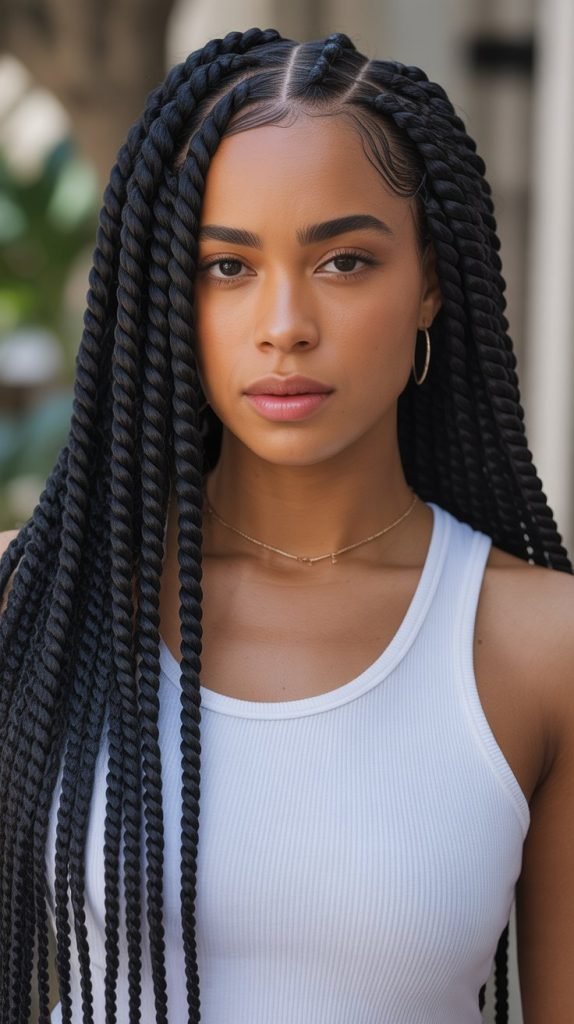 Side Part Jumbo Knotless Braids with Twisted Elements