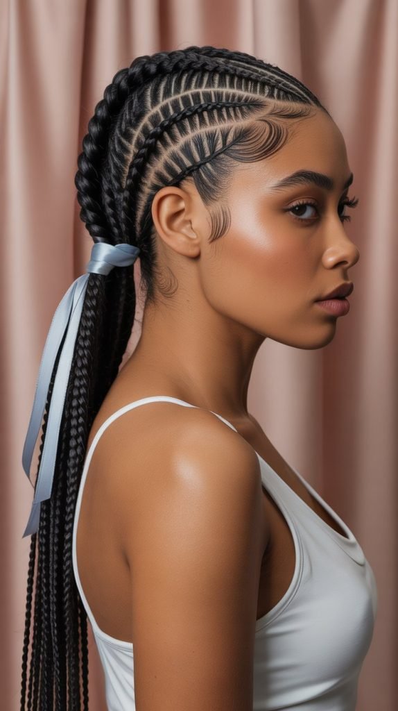 Side Part Knotless Braids Ponytail with Ribbon Weaving