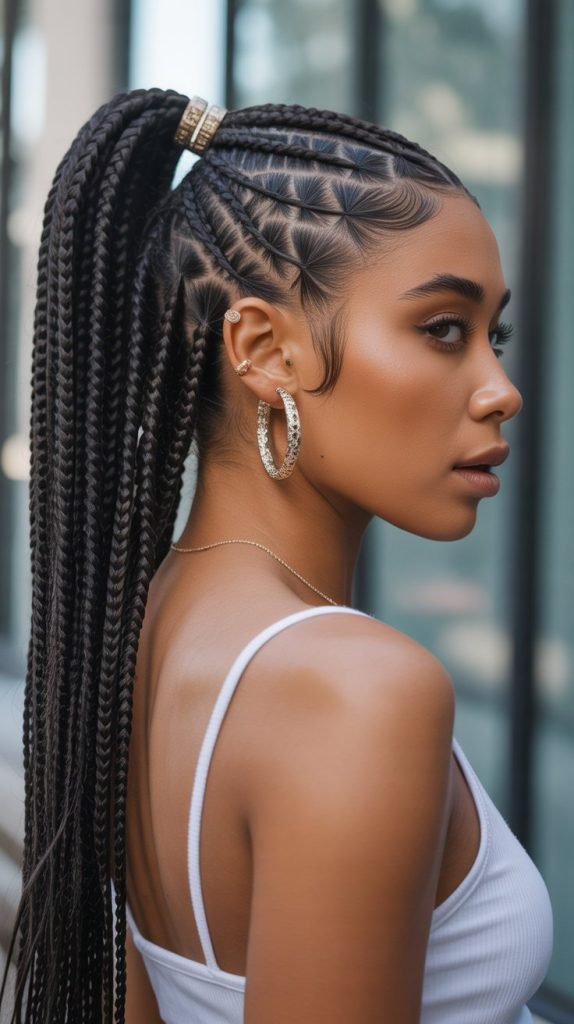 Side Part Knotless Braids Ponytail with Hair Cuffs