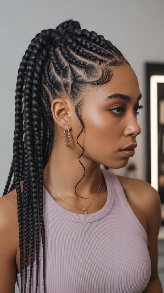 Side Part Knotless Braids Ponytail with Side Cascade