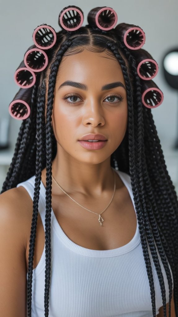 Side Part Knotless Braids with Perm Rod Curls