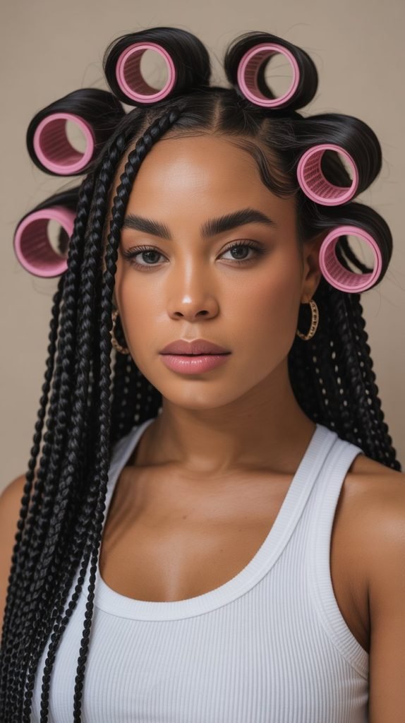 Side Part Knotless Braids with Roller Set Curls