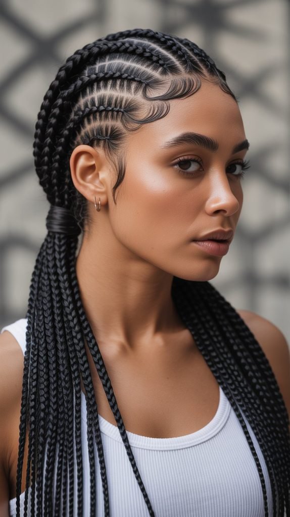  Side Part Knotless Braids Ponytail with Layered Texture