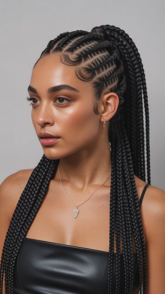 Side Part Knotless Braids Ponytail with Creative Fusion