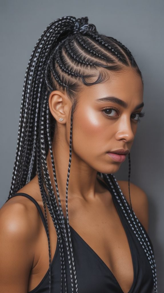 Side Part Knotless Braids Ponytail with Metallic Threads