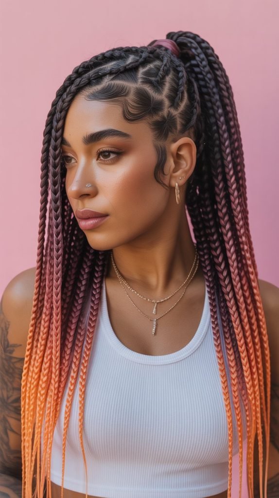 Side Part Knotless Braids Ponytail with Ombré Effects