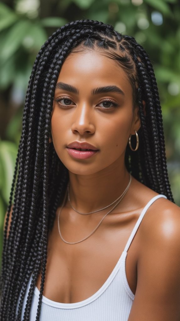 Side Part Knotless Braids with Defined Coil Curls