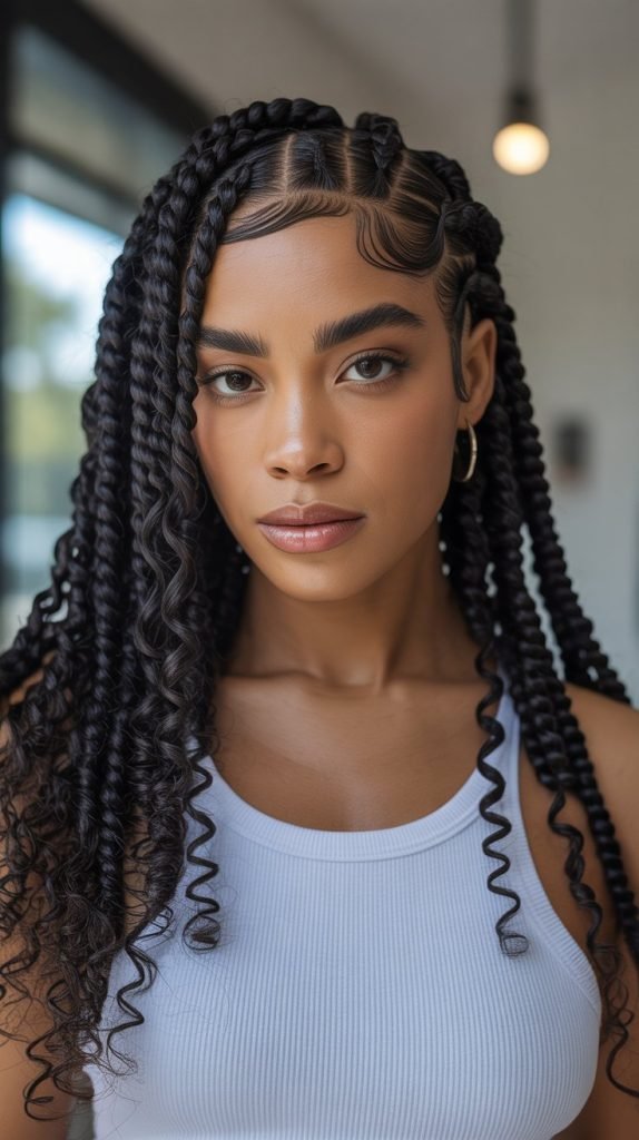 Side Part Knotless Braids with Deep Wave Curls