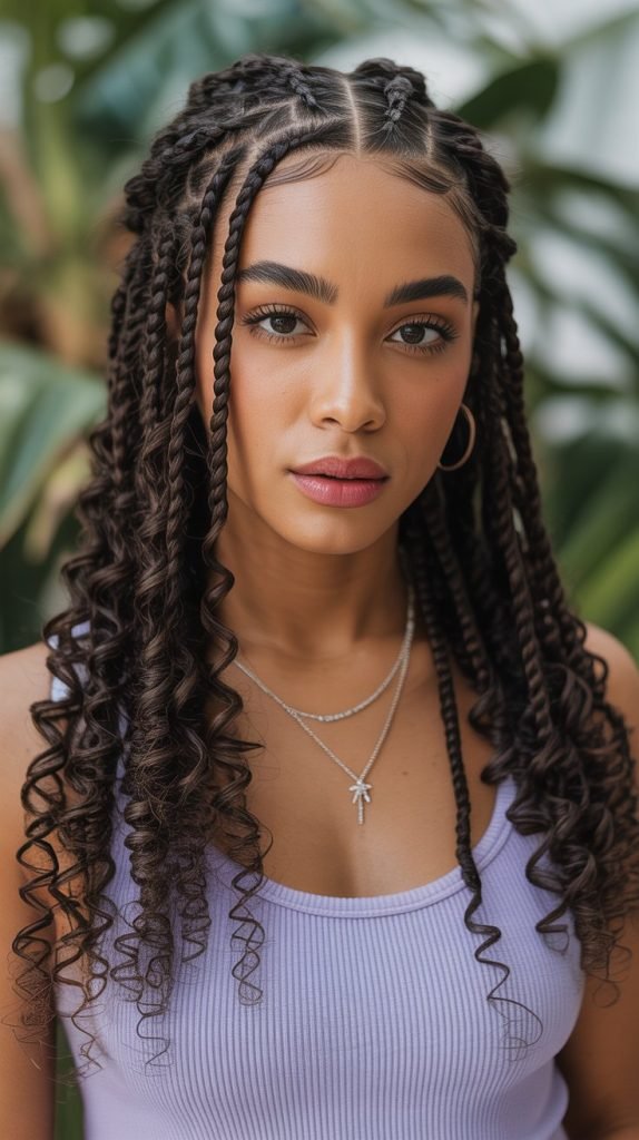 Side Part Knotless Braids with Crimped Curls
