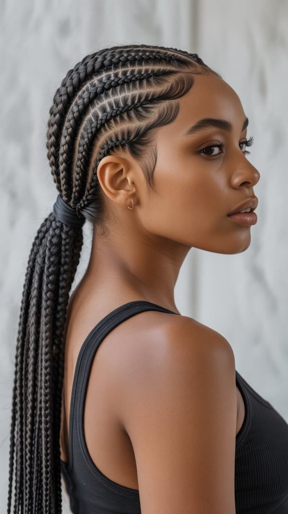 Side Part Knotless Braids Ponytail with Flowing Layers