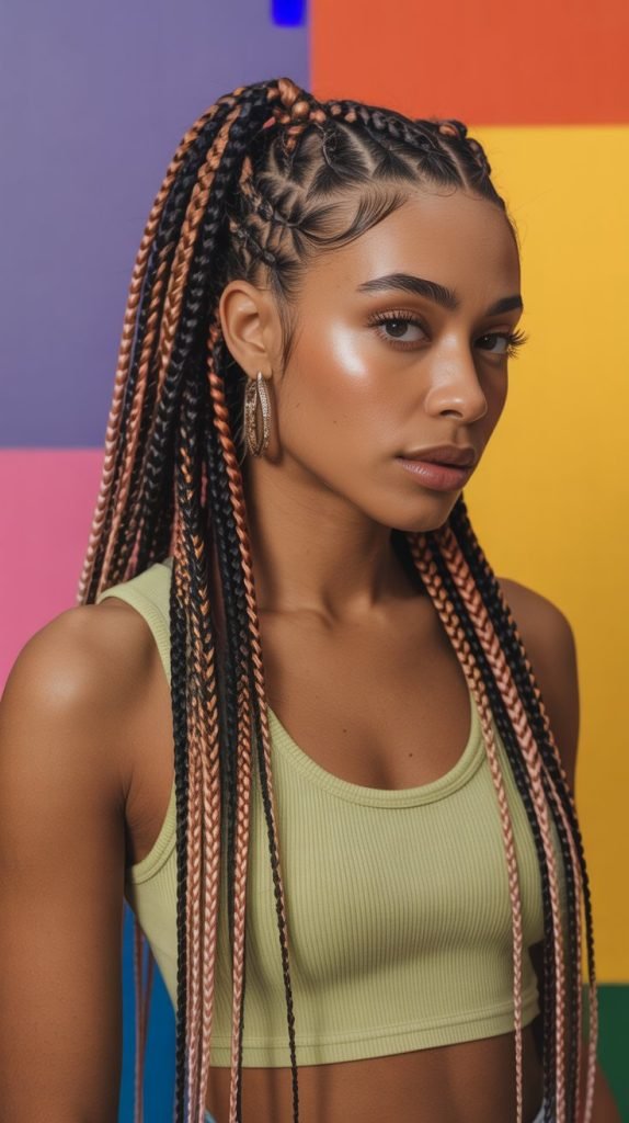 Side Part Knotless Braids Ponytail with Color Block Design