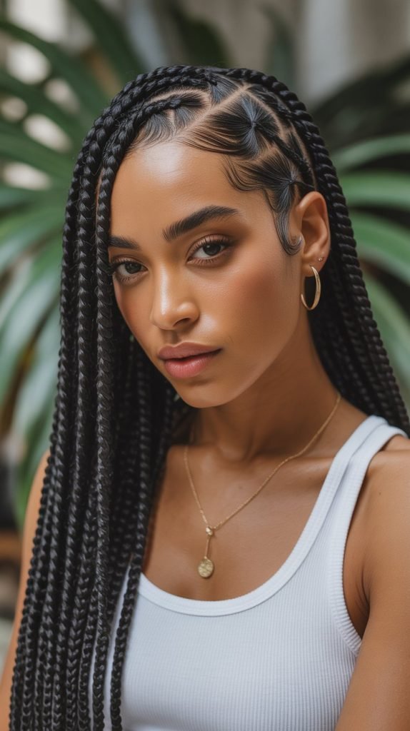 Side Part Knotless Braids with Finger Coil Curls