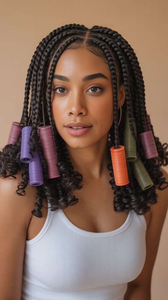 Side Part Knotless Braids with Flexi Rod Curls