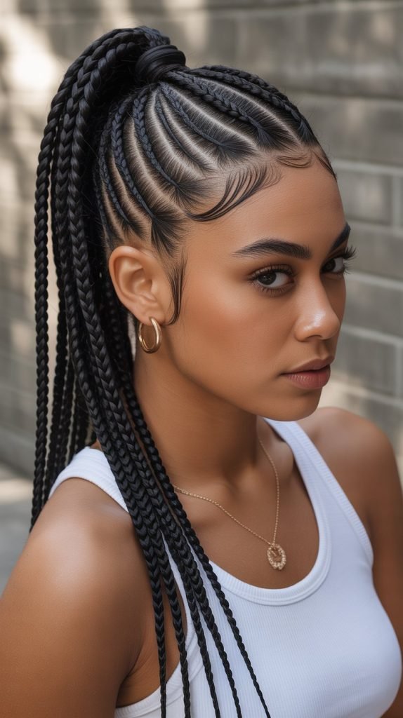  Side Part Knotless Braids Ponytail with Braided Wrap