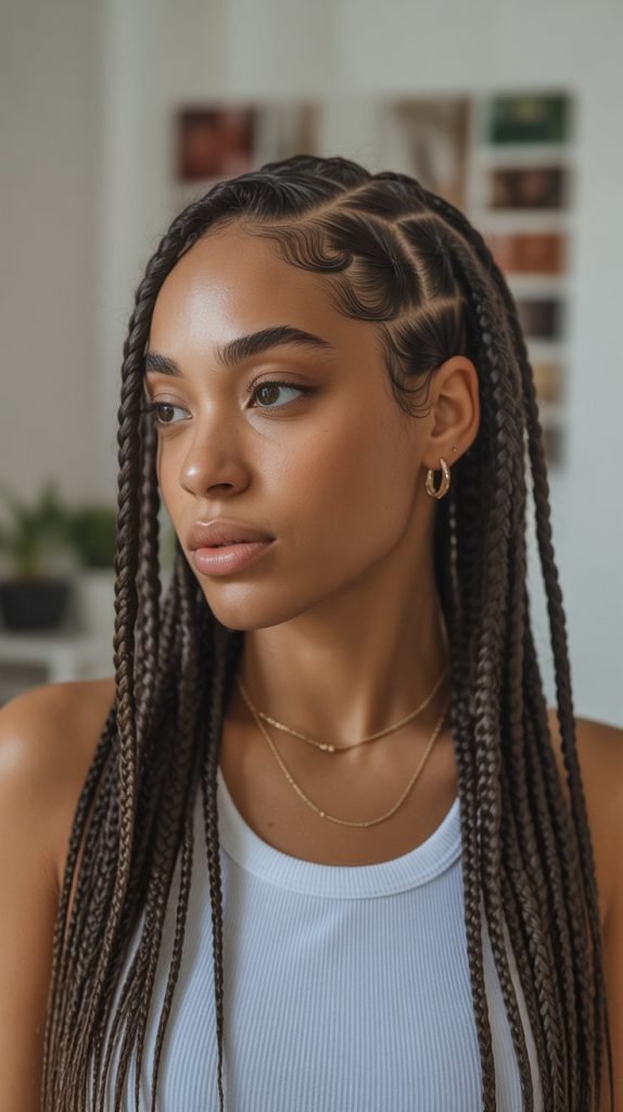 Side Part Knotless Braids with Straw Set Curls