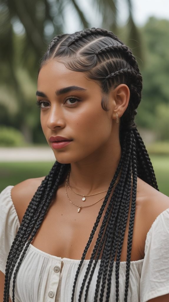 Side Part Knotless Braids Ponytail with Vintage-Inspired Elements