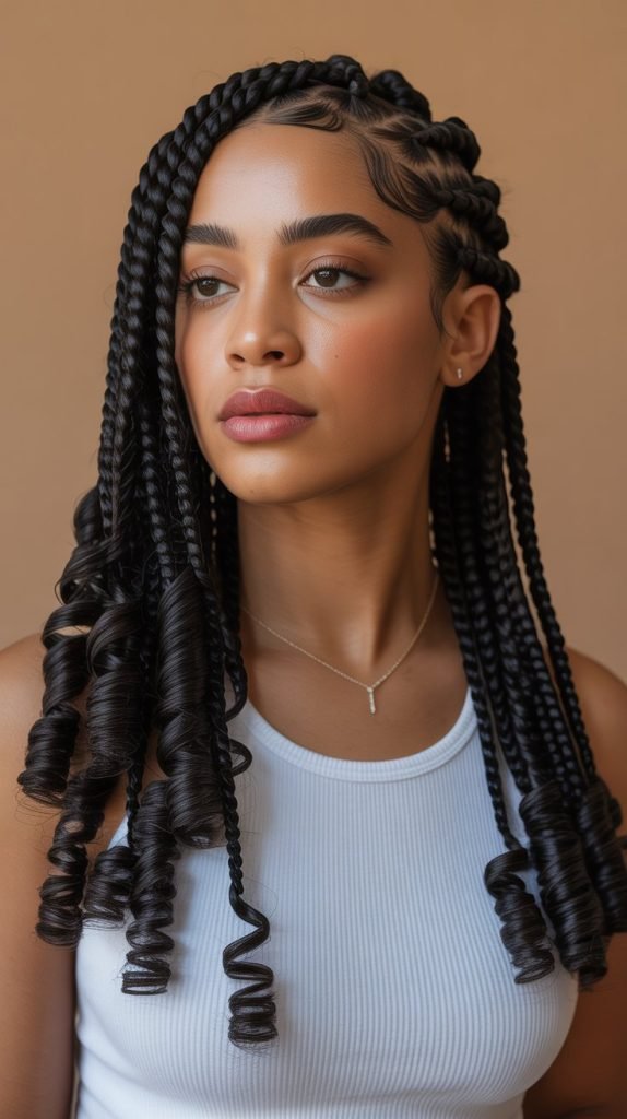 Side Part Knotless Braids with Spiral Wave Curls