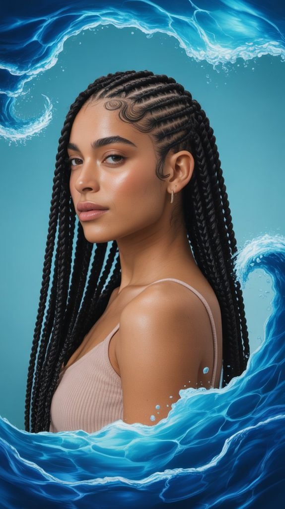 Side Part Knotless Braids with Water Wave Curls