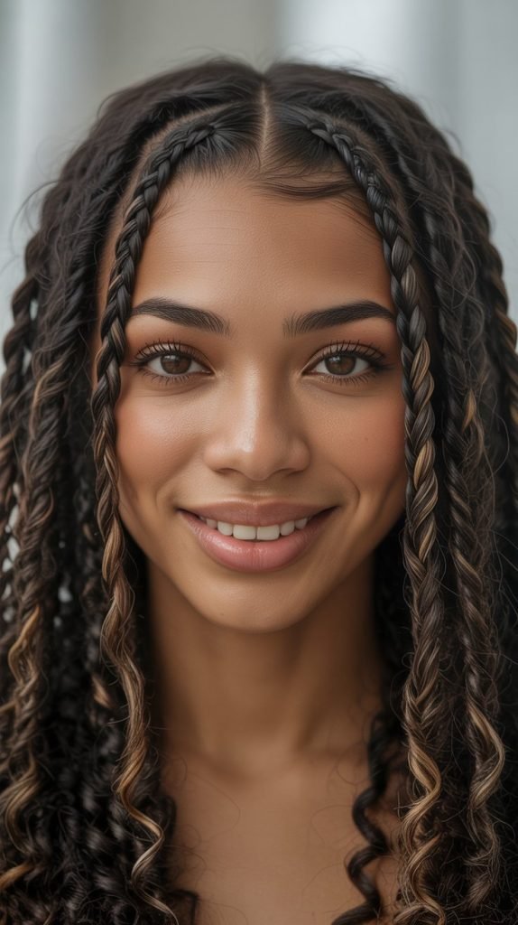  Side Part Knotless Braids with Mixed Curl Patterns