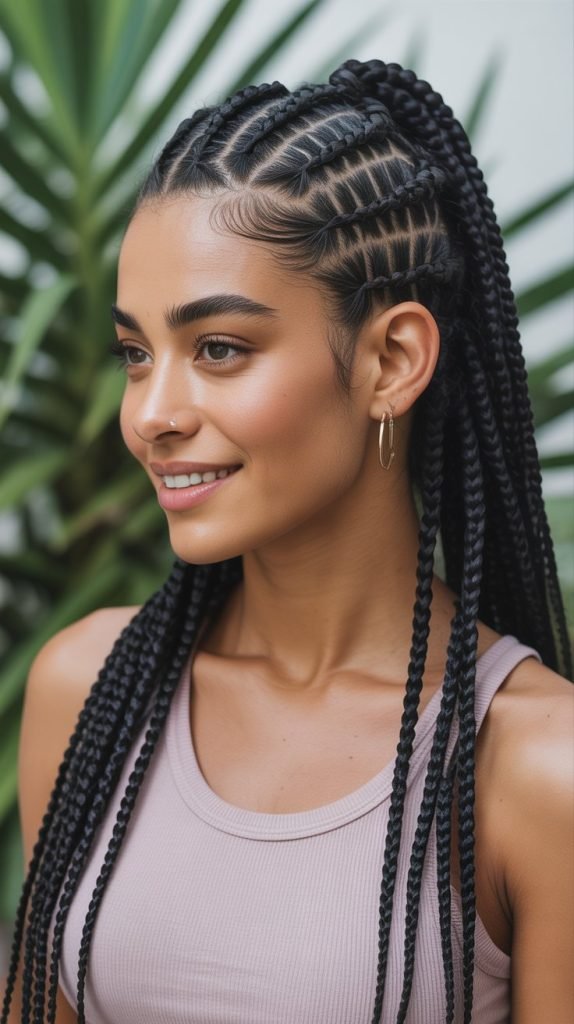  Side Part Knotless Braids Ponytail with Natural Texture Enhancement