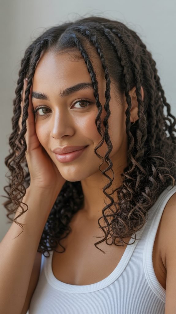 Side Part Knotless Braids with Textured Curls