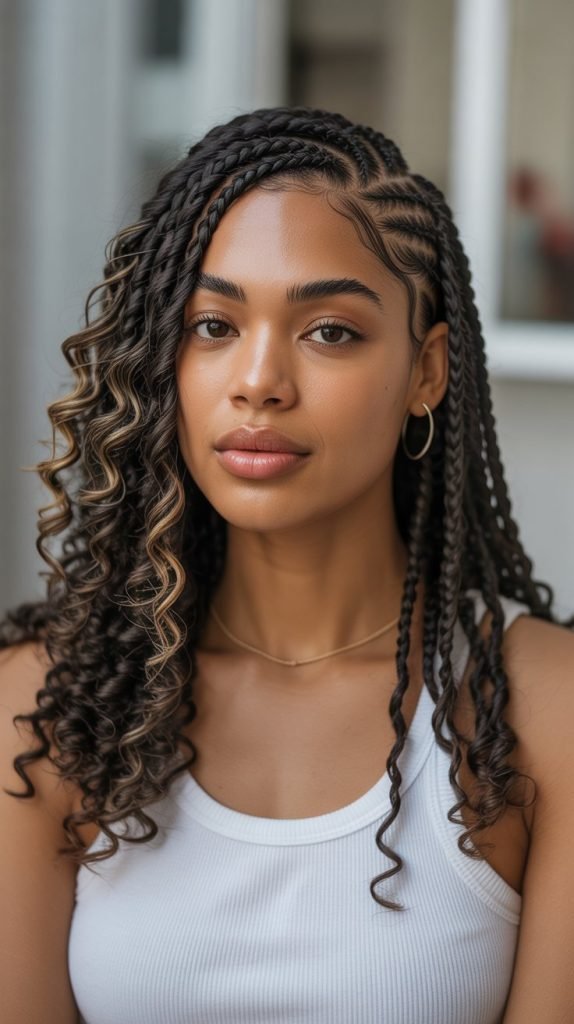 Side Part Knotless Braids with Textured Wave Curls