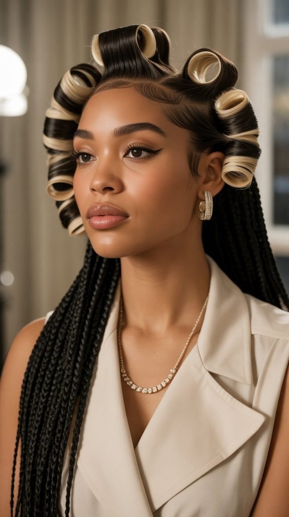 Side Part Knotless Braids with Pin Curls