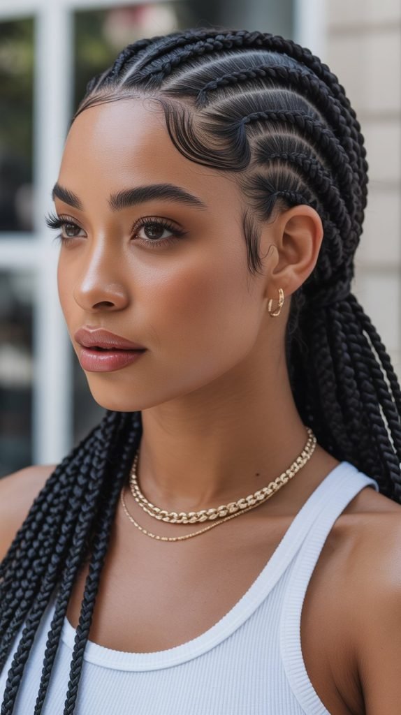 Sleek Side Part Knotless Braids Ponytail with High Shine